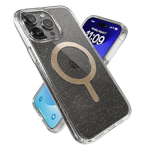 Image of Speck iPhone 15 Pro Max Case - Built for MagSafe, Drop Protection - Scratch Resistant, Anti-Yellowing 6.7 Inch Phone Case - Presidio Lux Clear/Gold Glitter/Beige Sweater
