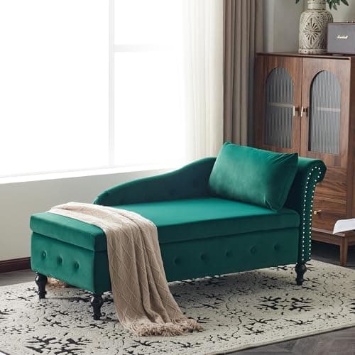 Image of BTM Upholstered Lounge Sofa, Velvet Chaise Lounge with Right Armrest, Chaise Lounge Sofa with Storage and Pillow for Living Room, Bedroom and Office, Green