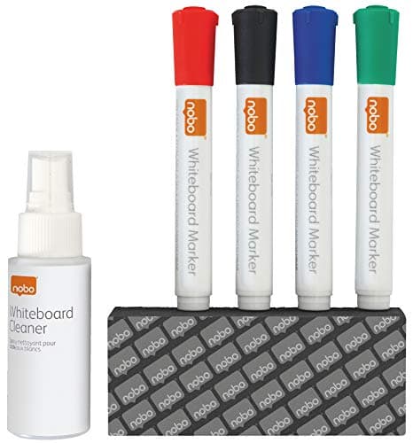 Image of Nobo Dry Erase Whiteboard Accessory Starter Kit, Cleaning & Care Set, Includes 4 Marker Pens, Board Eraser & Cleaning Spray, 1903798
