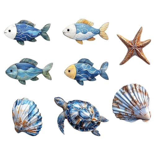 Image of Cosiesnest 8 Pcs Blue Wooden Fish Starfish Wall Decor Set, Nautical Coastal Bathroom Wall Art, Sea Shells Turtle Marine Themed Hanging Ornaments for Living Room Bedroom