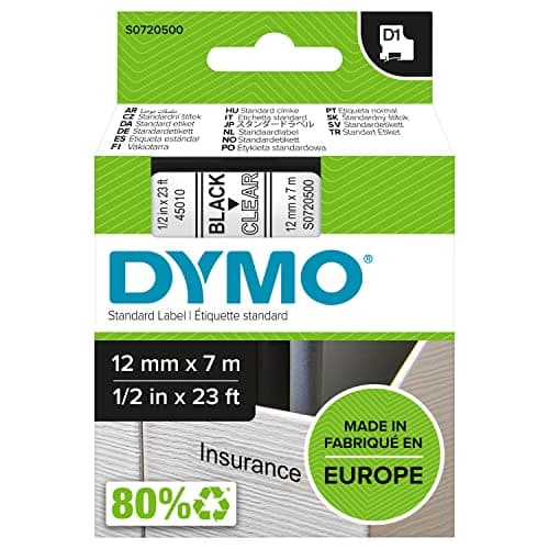 Image of DYMO Authentic D1 Labels | Black Print on Clear Tape | 12 mm x 7 m | Self-Adhesive Labels for LabelManager Label Makers | Made in Europe