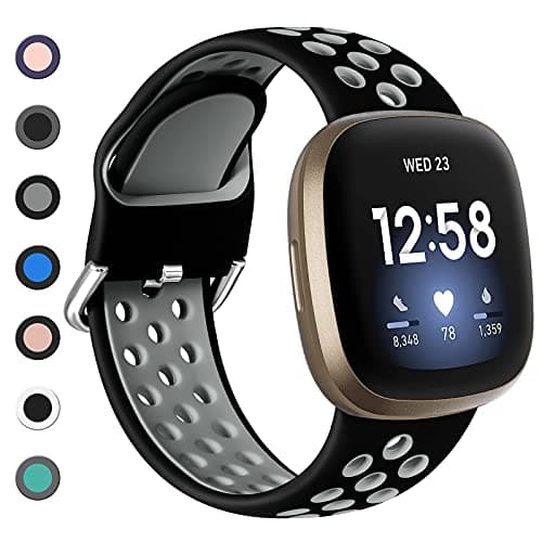Image of Dirrelo Compatible with Fitbit Versa 3 Strap - Fitbit Versa 4 Straps- Fitbit Sense- Sense 2 Wristband, Soft Silicone Sport Breathable Replacement for Versa 3/4/Sense 2, L Black/Gray