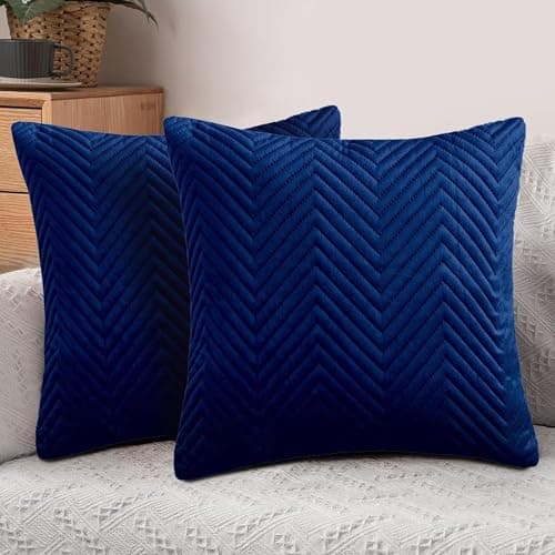 Image of Hafaa Cushions with Covers Included 45 x 45 Cm Set of 4 (2 Navy Cushion Covers, 2 Cushion Inserts) - Ultrasonic Velvet Square Throw Pillow Case Decorative Sofa Cushion with Invisible Zipper