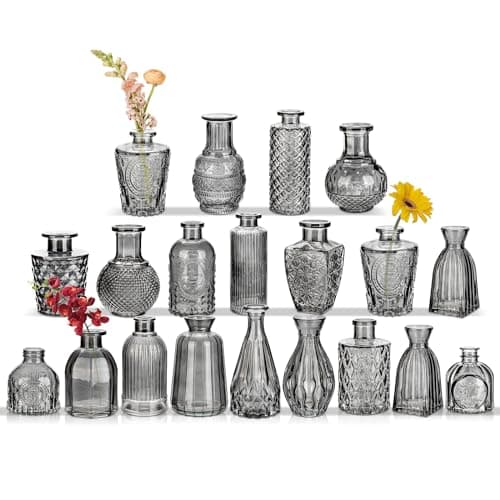Image of Oairse Glass Bud Vases Set of 20 Grey Glass Vase for Flowers Mini Vintage Bottle Vases for Floral Arrangements Decorative Small Vase in Bulk for Wedding Centerpieces Table Decoration Home Table