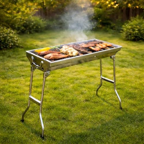Image of SuperGift Essential - Stainless Steel BBQ Grill with Stand Charcoal Barbecue Folding and Portable Outdoor Garden And Park Use
