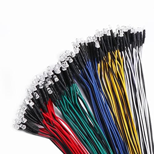 Image of YIXISI 100 PCS 3mm LED Diodes Light 5 Colors (Each Color 20 PCS), Ultra Bright 12V 20cm Pre Wired, White/Red/Blue/Green/Yellow