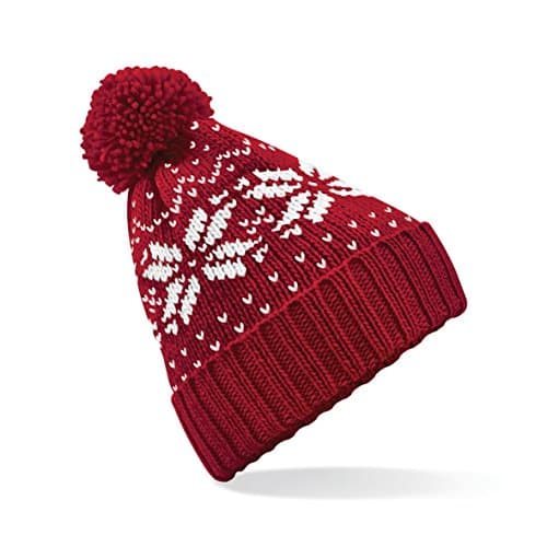 Image of Unisex Beechfield Fair Isle Knit Snowstar Beanie Bobble Hat Classic Red/White One Size