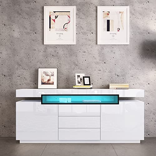 Image of Sideboard Modern Living Room Cupboard Unit High Gloss Cabinet 2 Doors 3 Drawers Buffet TV Stand Unit with Led Light for Living Room Kitchen White 160x35x72cm