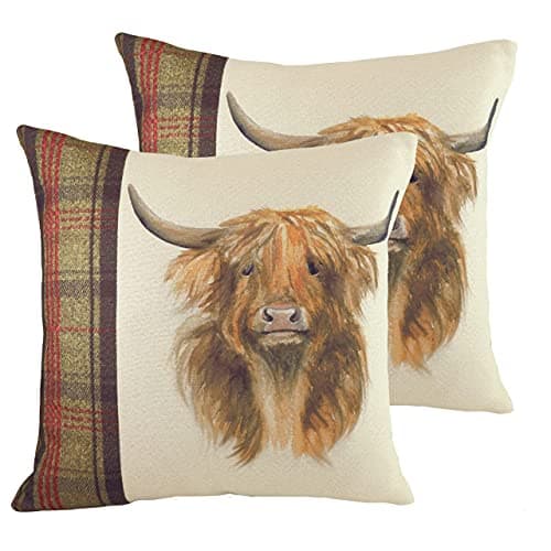 Image of furn. Evans Lichfield Hunter Highland Cow Polyester Filled Cushions (Twin Pack), Polyester, Multi