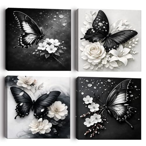 Image of Alptiny Canvas Wall Art Set Of 4, Framed Wall Art Prints, Black And White Butterfly Floral Picture Canvas Artwork For Living Room Bedroom Bathroom Decor 30x30cm