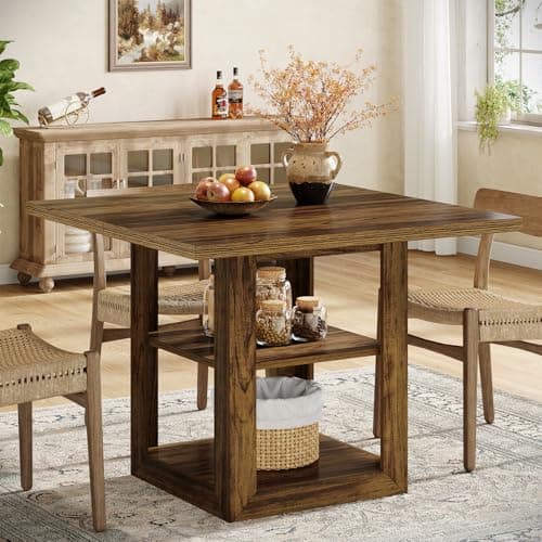 Image of Tribesigns Square Dining Table for 4, 80cm Farmhouse Kitchen Dining Room Table with Storage Shelf for Home Dining Room, Living Room, Kitchen, Brown(Only Table)