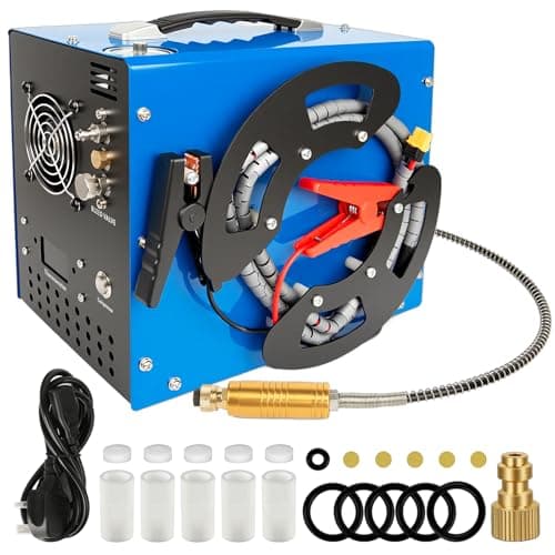 Image of PCP Air Compressor, 4500Psi/30Mpa, 350W Motor, Unique Vertical+Wire Spool Portable Design, Auto-Stop, Oil/Water-Free, 8MM Quick-Connector for Paintball/PCP Air Rifle/Tank, 110V AC or 12V Car Battery