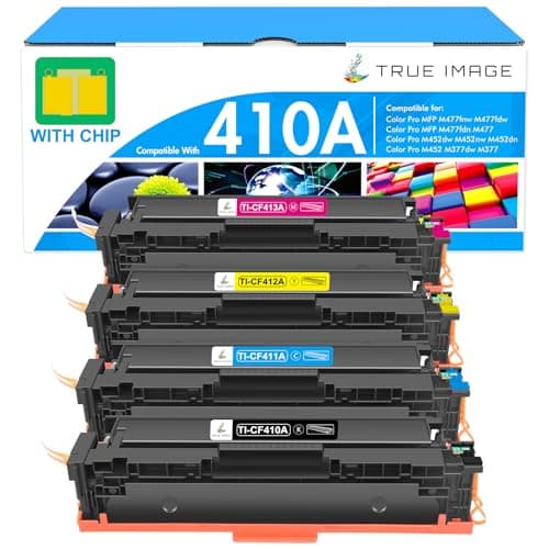 Image of TRUE IMAGE 4 Pack Toner Cartridge Replacement for HP 410A CF410A 410X CF410X Laserjet Pro MFP M477fdw M477fdn M377dw M452nw M452dn M477fnw (Black, Cyan, Yellow, Magenta)
