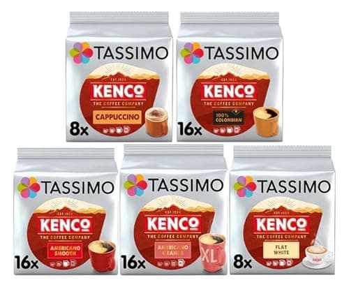 Image of Tassimo Kenco Variety Pack Coffee Pods (Pack of 5, Total 64 Capsules) – Cappuccino, Americano Grande, Colombian, Americano Smooth & Flat White