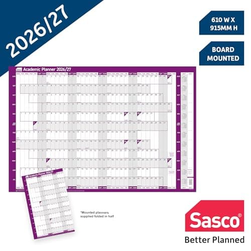 Image of Sasco 2026/27 Academic Year Wall Planner – Board Mounted Calendar with Wet Wipe Pen & Stickers, 91.5x61cm, Purple – UK & ROI Holidays Marked – Suitable for Schools and Universities