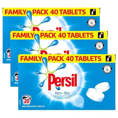 Image of Persil Laundry Tablets Family Pack Gentle next to Skin Touch on Stains New Concentrated Formula for Effortless Laundry, Non-Bio 40 tablets, 20 Wash 1.2KG Pack of 3