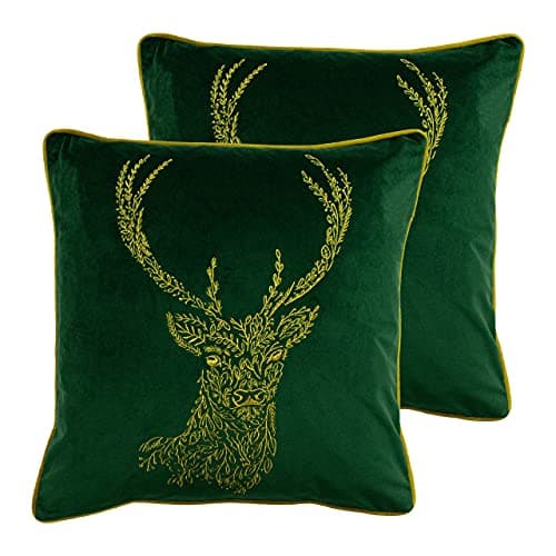 Image of furn. Forest Fauna Stag Polyester Filled Cushions (Twin Pack), Polyester, Emerald/Gold