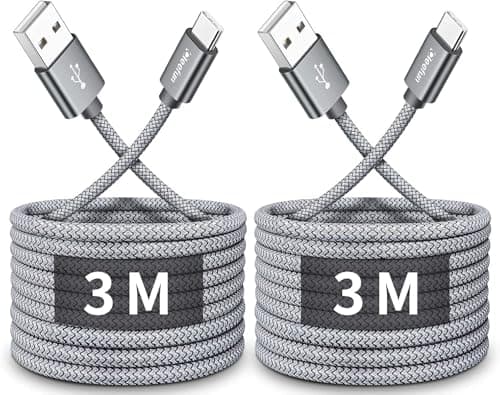 Image of CLEEFUN 3M USB C Cable (2-Pack), Long PS5 Controller Charger Fast Charging USB-C to USB-A Braided Lead for iPhone 17 16 16e 15 Pro, Samsung S25 S24 S23 S22 S21 S20 S10 S9 S8 + A51 A52 A53 A70 -Grey