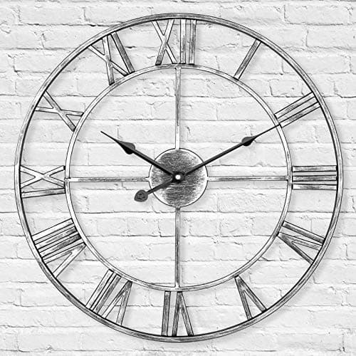 Image of LENAUQ Silent Metal Skeleton Wall Clock, 40cm European Farmhouse Vintage Clock with Roman Numeral, Non-Ticking Battery Operated Hanging Wall Clock for Home Kitchen Cafe Hotel Office Decor(Silver)