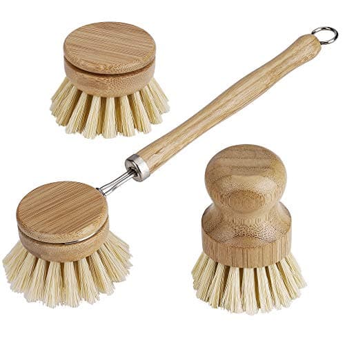 Image of Washing Up Brush Set of 3 Replacement Head Bamboo Cup Brush with Sturdy Fibre Bristles Interchangeable Head, Round Heat-Resistant Kitchen Brush for Cleaning Pots, Pans, Plates and Cutlery