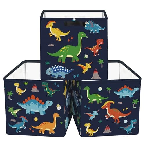 Image of Clastyle 3 pcs Dinosaur Cube Storage Unit Boxes Volcano Kallax Box for Shelves Parents Storage Baskets for Book Clothes Toy Organizer, Black, 11.8x11.8x11.8 in