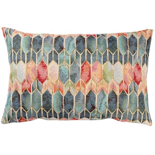 Image of Linen Loft Vintage Venice Stained Glass Style Tapestry XL Rectangular Cushion. Geometric Renaissance Design with Gold Detailing. 23x15 Rectangle Cover