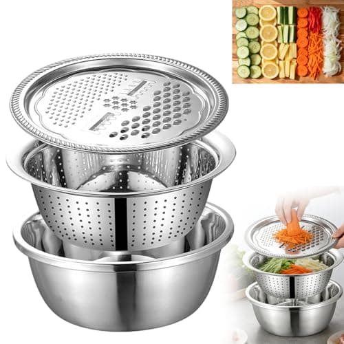 Image of 3 in 1 Stainless Steel Basin and Grater Set, Multifunctional Kitchen Prep Tool with Grater Lid Colander Mixing Bowl, Rust Proof Vegetable Shredder for Salad Veggie Noodles, Dishwasher Safe (24cm)