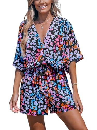 Image of CUPSHE Women Jumpsuit V Neck Lace Up Romper Leopard Print Dolman Sleeves Short Wide Leg Casual Overall Playsuit Pink/Blue S