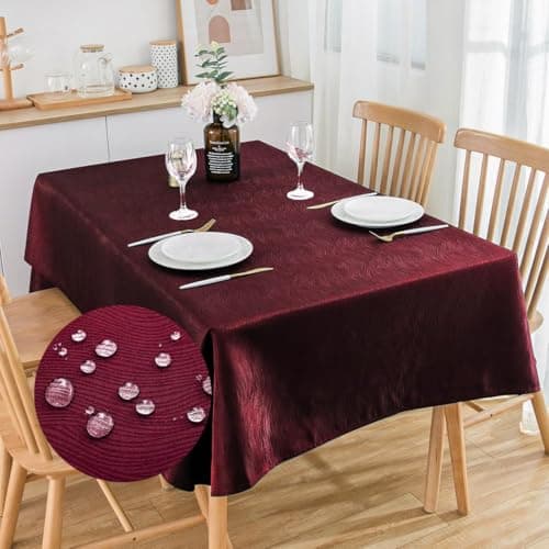 Image of SPRICA Jacquard Tablecloth Water Resistance Solid Colour Heavy Weight Soft Table Cover, Machine Washable, Rectangle 210x150cm, Wine Red