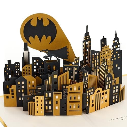 Image of Hallmark 3D & Pop-Up Any Occasion Card, Batman, Bat Signal, Gotham City Design, Birthday, Fathers Day, Gold, Black