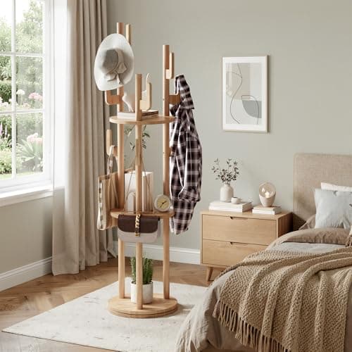 Image of AuraFurn Solid Wood Coat Stand, Rotatable Coat Rack Stand with 3 Storage Shelves and 9 Hooks, Space-Saving Coat Hanger Stand for Hallway, Bedroom