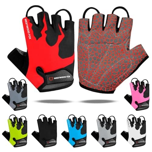 Image of Cycling Gloves Half Finger Unisex Padded Grips Palm Bicycle Summer Riding MTB Bike Gloves for Men Women Non-Slip Fingerless Short Mountain Bike Ride Sports Hiking Mitts Climbing Gym (Red, M)