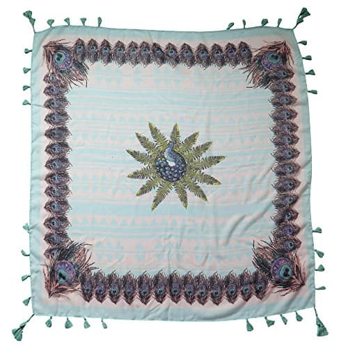 Image of Lina & Lily Multi-Patterns Flower Geometric Tribal Aztec Paisley Print Square Scarf Shawl with Tassels (Peacock geometric - aqua)