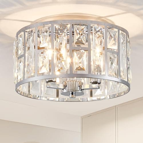 Image of HARPER LIVING 3-Light Flush Ceiling Lights, Crystal Ceiling Lamp Chrome Finish, 3xE14 Cap Type (No Bulbs), 30cm Modern Chandelier Lighting for Bedroom, Kitchen, Hallway, Dining Room