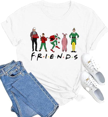 Image of Christmas Friends Shirts Women Funny Cartoon Graphic T-Shirt Christmas Movie Tee Xmas Holiday Party Casual Tops Blouse, White, XXL