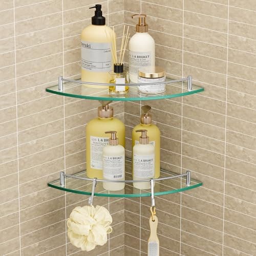 Image of KES Glass Corner Shelf Bathroom Corner Shower Shelf Tempered Glass Shelf with Rail SUS 304 Stainless Steel Wall Mounted Brushed Finish 2 Pack, BGS2101A-2-P2