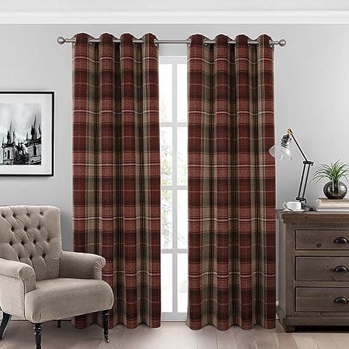 Image of always4u 100% Blackout Curtains Check Eyelet Bedroom Tartan Curtain Plaid Brushed Cheque Pair of Highland Woolen Look Window Treatment for Living Room Dark Red 66 * 72 Inches