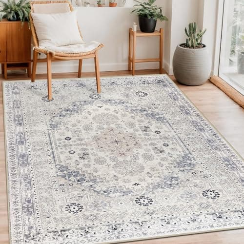 Image of Capslpad Washable Rugs Living Room 120x180cm Distressed Vintage Area Rugs Non-Slip Traditional Oriental Bedroom Carpet Low Pile Thin Floor Mat Rug for Dining Room Kitchen Office Decor, Grey