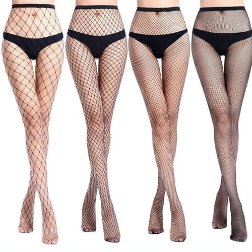 Image of Risipu 4 Pairs Black Fishnet Tights for Women Sexy Cross Mesh Tights Fishnet Stockings High Waisted Fishnets Pantyhose Ladies Fish Net Tight (One Size, Black)
