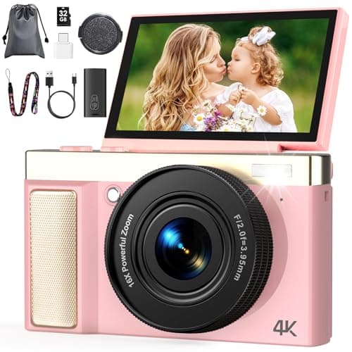 Image of 4K 64MP Digital Camera with 32GB TF Card, 3" 180° Flip Screen Autofocus Camera with 16x Zoom and Macro, Compact Rechargeable Vlogging Camera Gifts for Kids Beginners Adults Pink