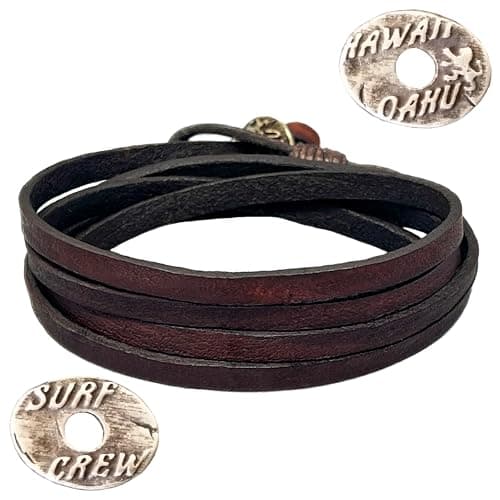 Image of LOCAL LEAGUE Leather Wrap Bracelet SURF CREW HAWAII for Men & Women - Dark Brown - Multi-Layer Design, Adjustable Strap Wristband - Wrap up to 5 times, max. 37" (95 cm) in Length, Handmade in Europe