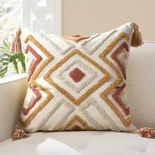 Image of LOOPUINHOM Boho Pillow Covers 18X18 Inch Boho Tufted Throw Pillow Covers Decorative Tassels Cushion Cover Farmhouse Pillow Case for Couch Sofa Bed Living Room Bedroom, Rust