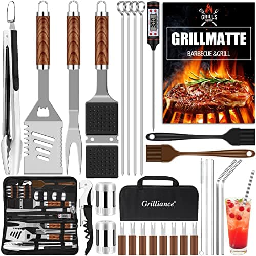 Image of Grilliance 30pcs Stainless Steel Grill Tools Set for Men Gift Birthday, Heavy Duty BBQ Accessories Kit with Bag and Grill Mat, Portable Grilling Utensils for Outdoor Camping Brown