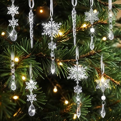 Image of Ouligay 10 Pcs Crystal Christmas Tree Decorations Snowflake Decorations for Tree Hanging Acrylic Icicle Drop Ornaments for Xmas Trees Winter New Year Party Supplies Frozen Birthday Parties