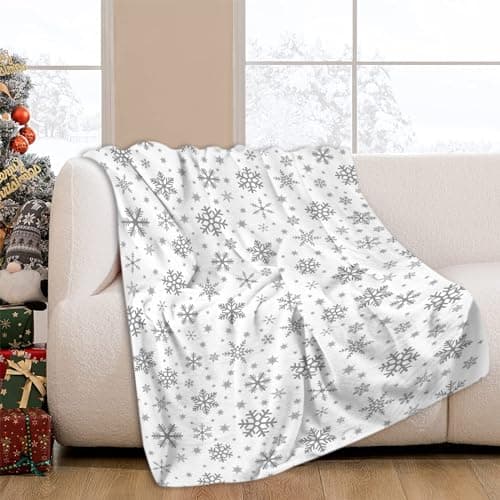 Image of JOOCAR Grey Snowflake Throw Blanket Winter Merry Christmas White Blanket Cozy Soft Lightweight Flannel Plush Blankets for Bed Couch Living Room Sofa Chair,40x50 Inch