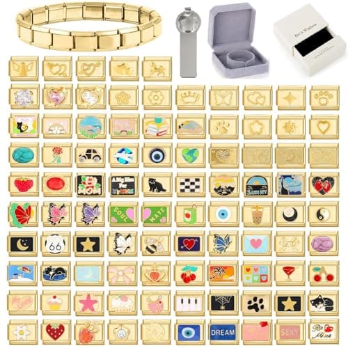Image of papasgix Personalised Italian Charm Bracelet Charms Keychains Keyring Bulk Set Silver Gold Italian Charms Bracelets for Women Men Customized Stainless Steel 9mm Women's Charm (10pcs Gold)