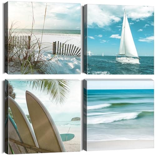 Image of Artscope 4 Pieces Wall Art Canvas Prints - The Blue Sea Picture Painting- Modern Wall Artwork Framed for Bathroom Home Office Decor - 30 x 30 CM
