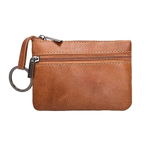 Image of Hibate Women's Mini Coin Purse Wallet Genuine Leather Zipper Pouch with Key Ring - Brown