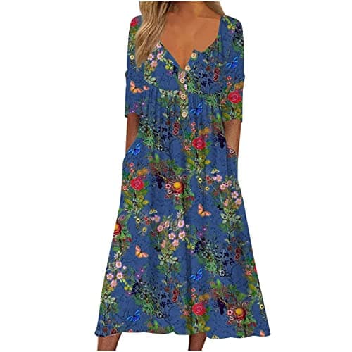 Image of Zeiayuas Women Casual Elegant Dress Sale Summer Boho Midi Dress Vintage Floral Print V-Neck Half Sleeve Button Long Dress with Pocket Bohemian Loose Dress Cocktail Holiday Beach Dress Ladies UK