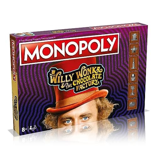 Image of Winning Moves Willy Wonka and the Chocolate Factory Monopoly Board Game, Advance to Slugworth, Charlie Bucket and Furnace and trade your way to success, great gift for ages 8 plus